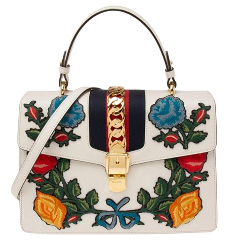 gucci white sylvie bag embroidered price|Gucci sylvie bag medium.